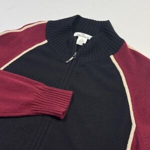 Qi Cashmere Sweater Womens Large Black Red 100% Cashmere Full Zip Mock Neck